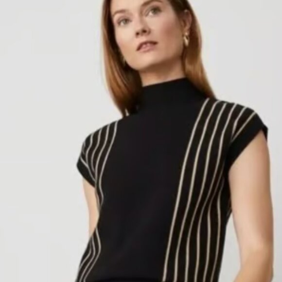 ANN TAYLOR STRIPE BLACK TAN COMBO MOCK NECK SWEATER VEST TOP SLEEVELESS XL - Picture 2 of 5